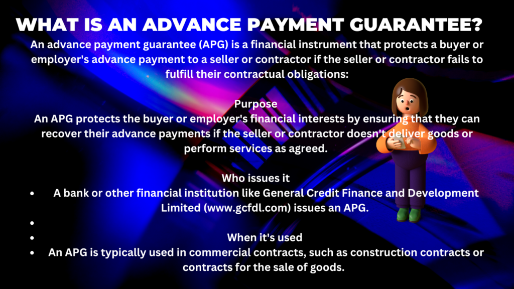 An overview of Advance Payment Guarantees (APGs), highlighting their role in financial transactions to secure advance payments, protect buyers against seller defaults, and ensure upfront payment for goods or services.