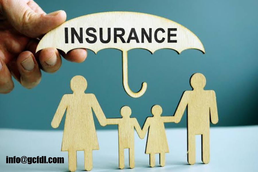 a family of four, protected under an umbrella labeled 'Insurance' symbolizing safety and security.