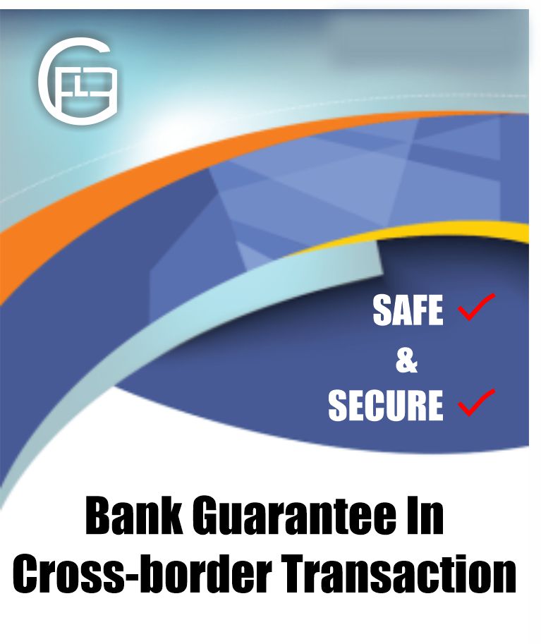 A financial-themed graphic promoting the security of bank guarantees in cross-border transactions, with a checkmark indicating safety and security.